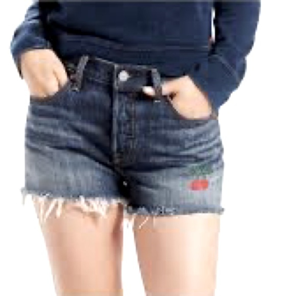 Levi's 501 Cut Off Jean Shorts Button Fly Cherry Embroidery Raw Hem Size 25